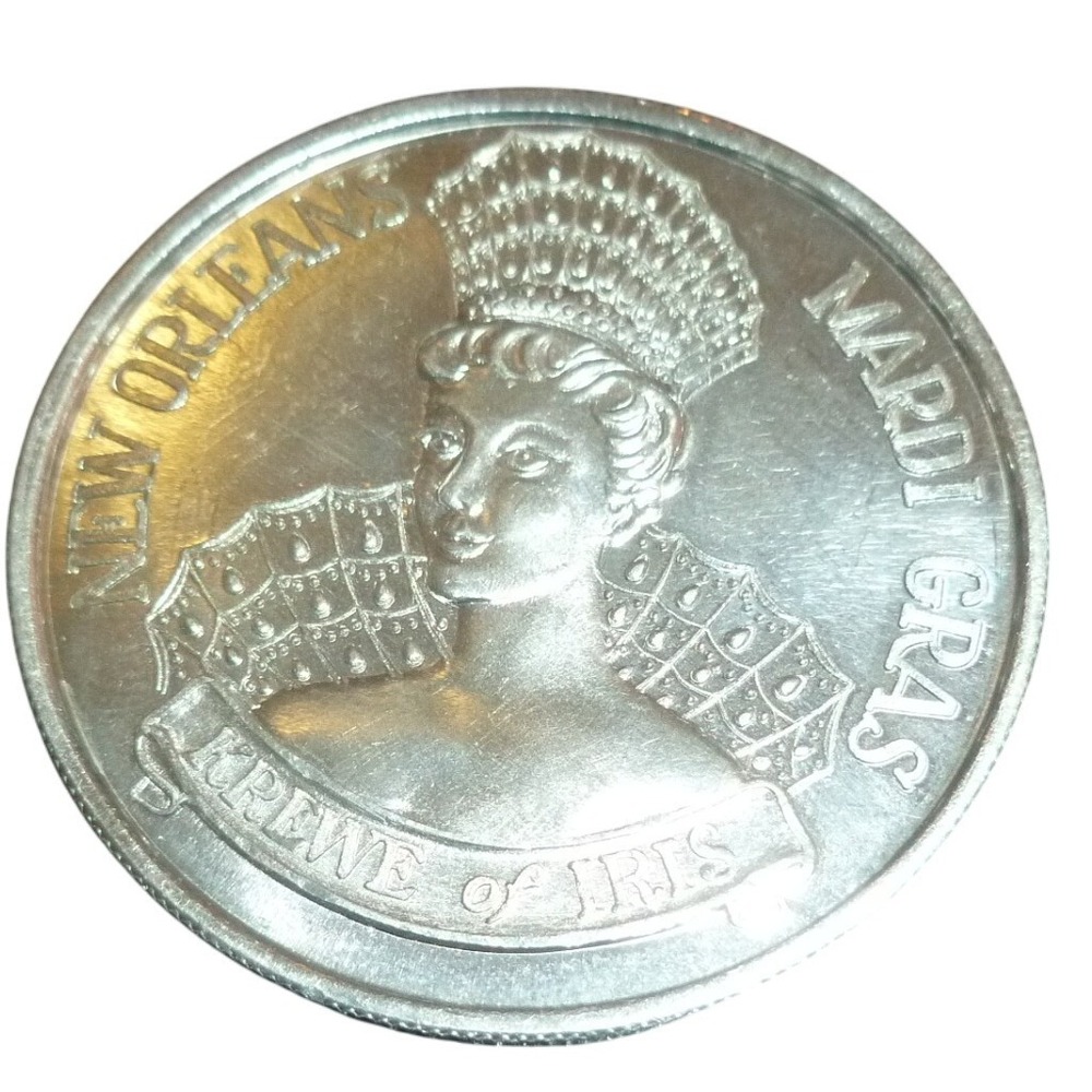1975 Krewe of Iris Mardi Gras Doubloon New Orleans Grand St Charles Hotel Silver